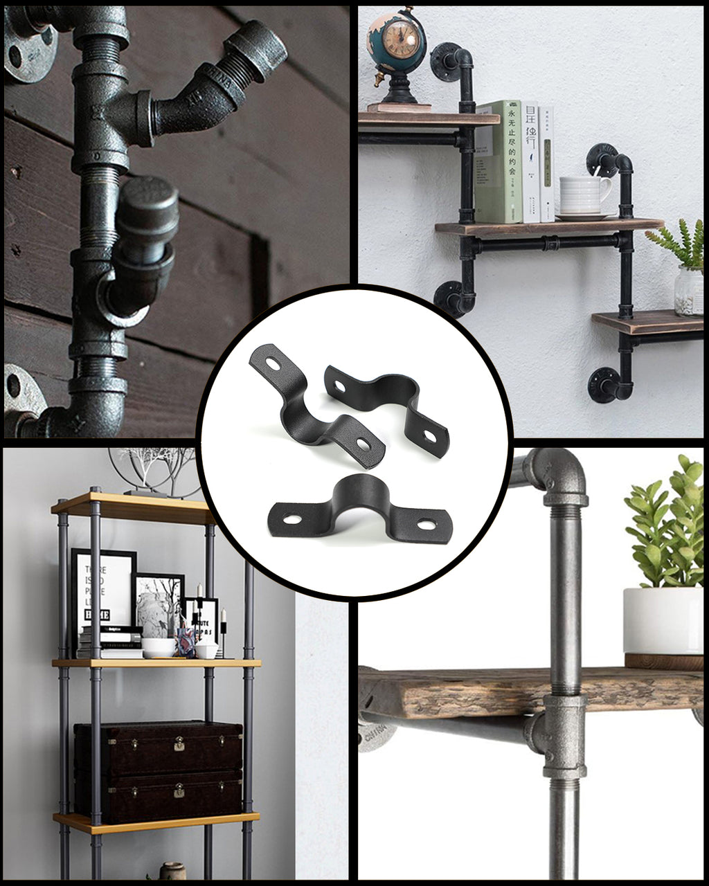 AGUTEA Black Durable U-Clamps Metal Pipe Clamps Double Hole Double Hole Pipe Strap DIY U-Bracket (Pack of 6) (3/4 INCH)