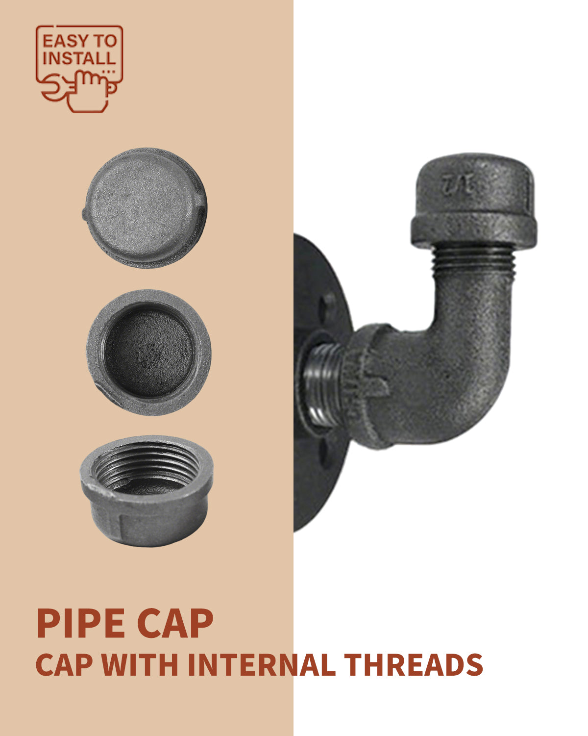 AGUTEA Black Cast Iron Pipe Fitting Cap Suitable for Vintage Shelf Support DIY Pipe Decoration Furniture Safety Decorative Cap (Pack of 1)