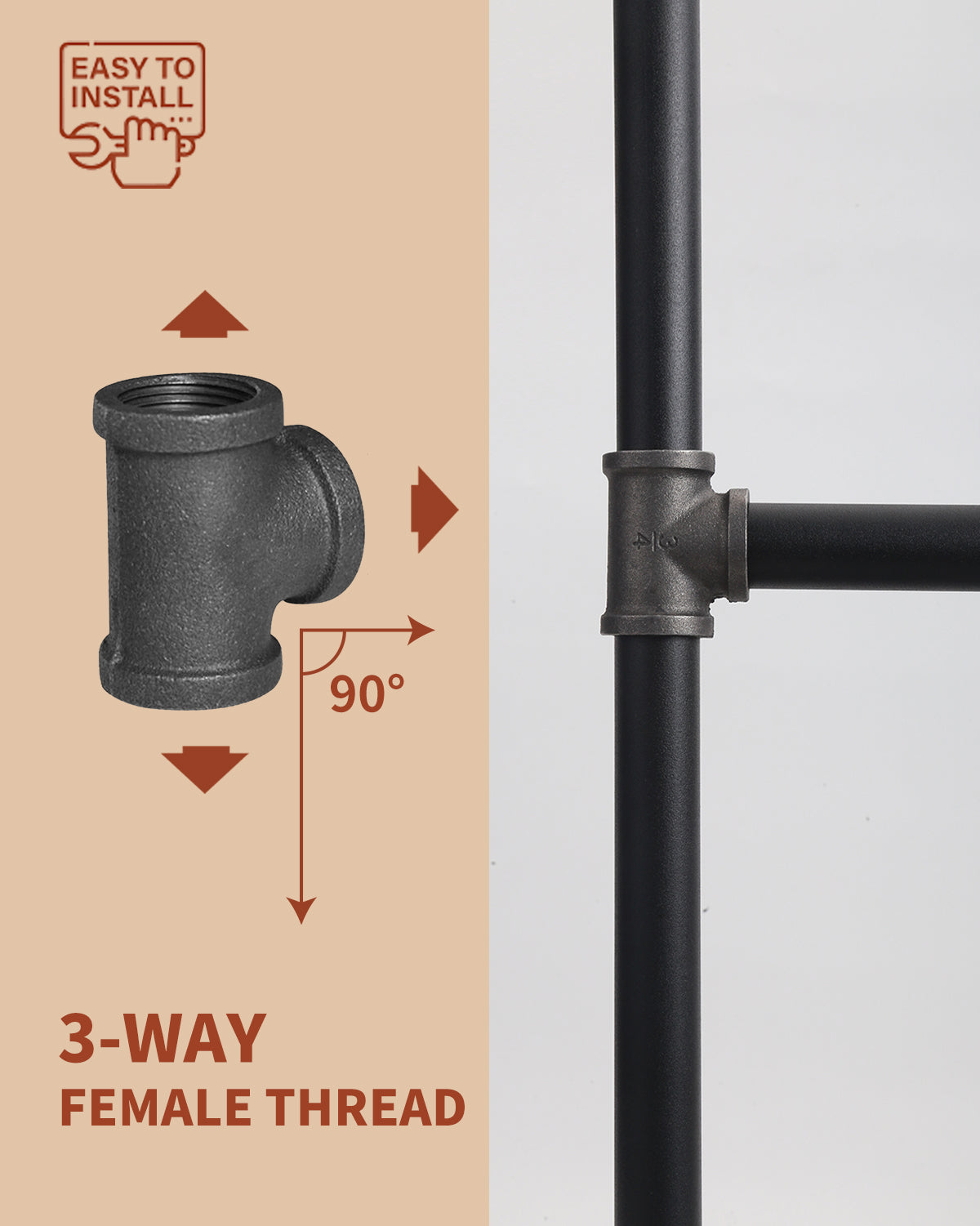 AGUTEA black wrought iron tee fitting Gland holder T-connector Floor fitting Straight rod tee connector 1/2inch 3/4 inch 1inch