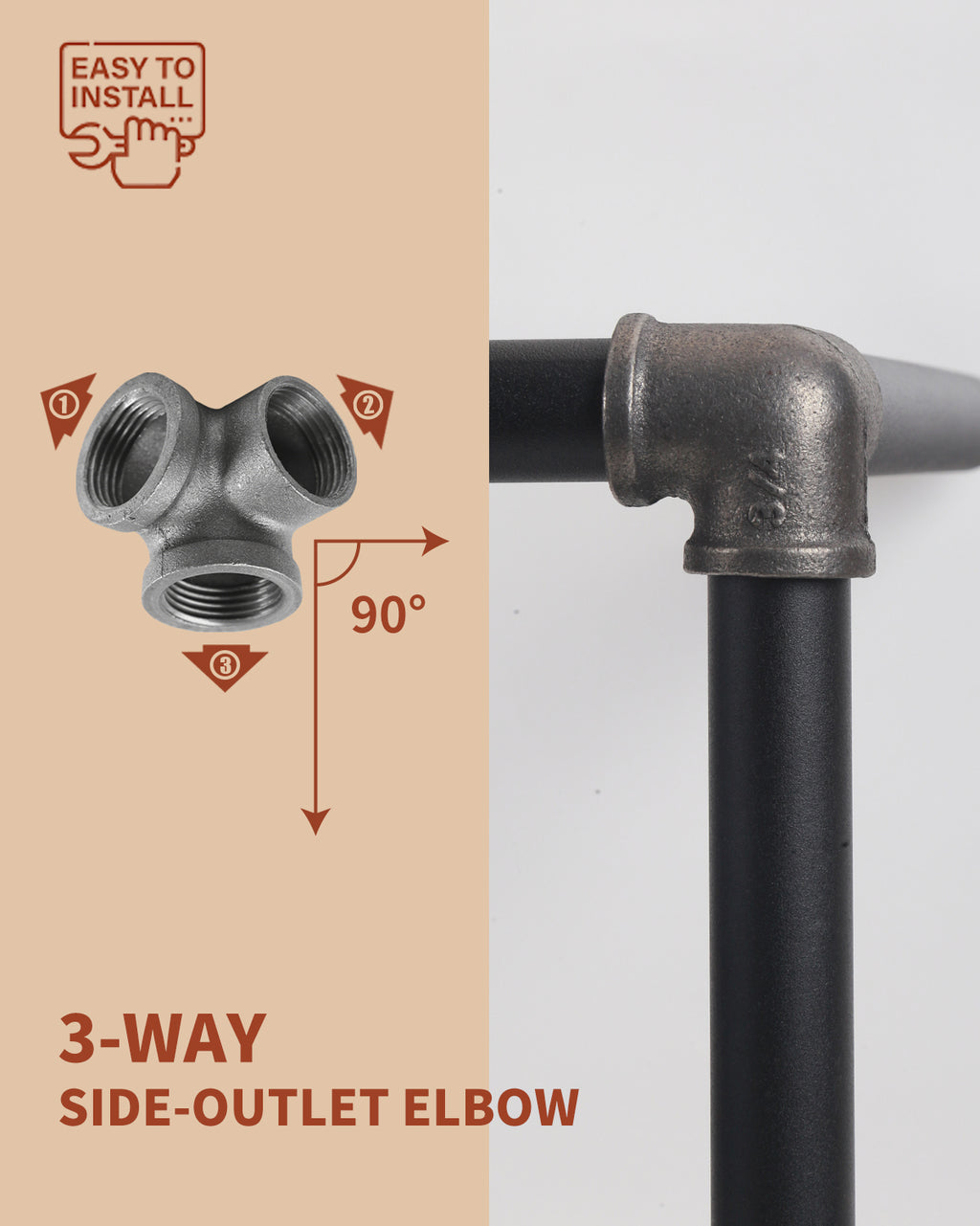 AGUTEA Right Angle Black Malleable Iron Tee Fitting 3-Way Side Exit Elbow Connector (1-Pack)
