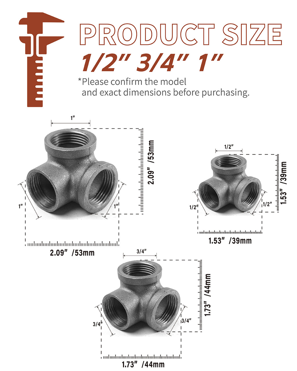 AGUTEA Right Angle Black Malleable Iron Tee Fitting 3-Way Side Exit Elbow Connector (1-Pack)