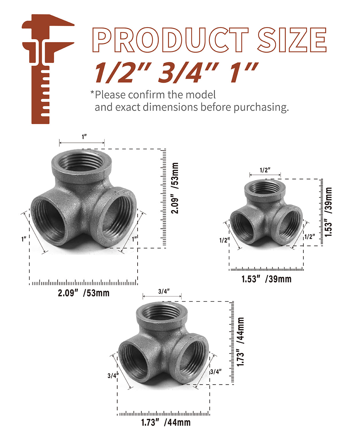 AGUTEA Right Angle Black Malleable Iron Tee Fitting 3-Way Side Exit Elbow Connector