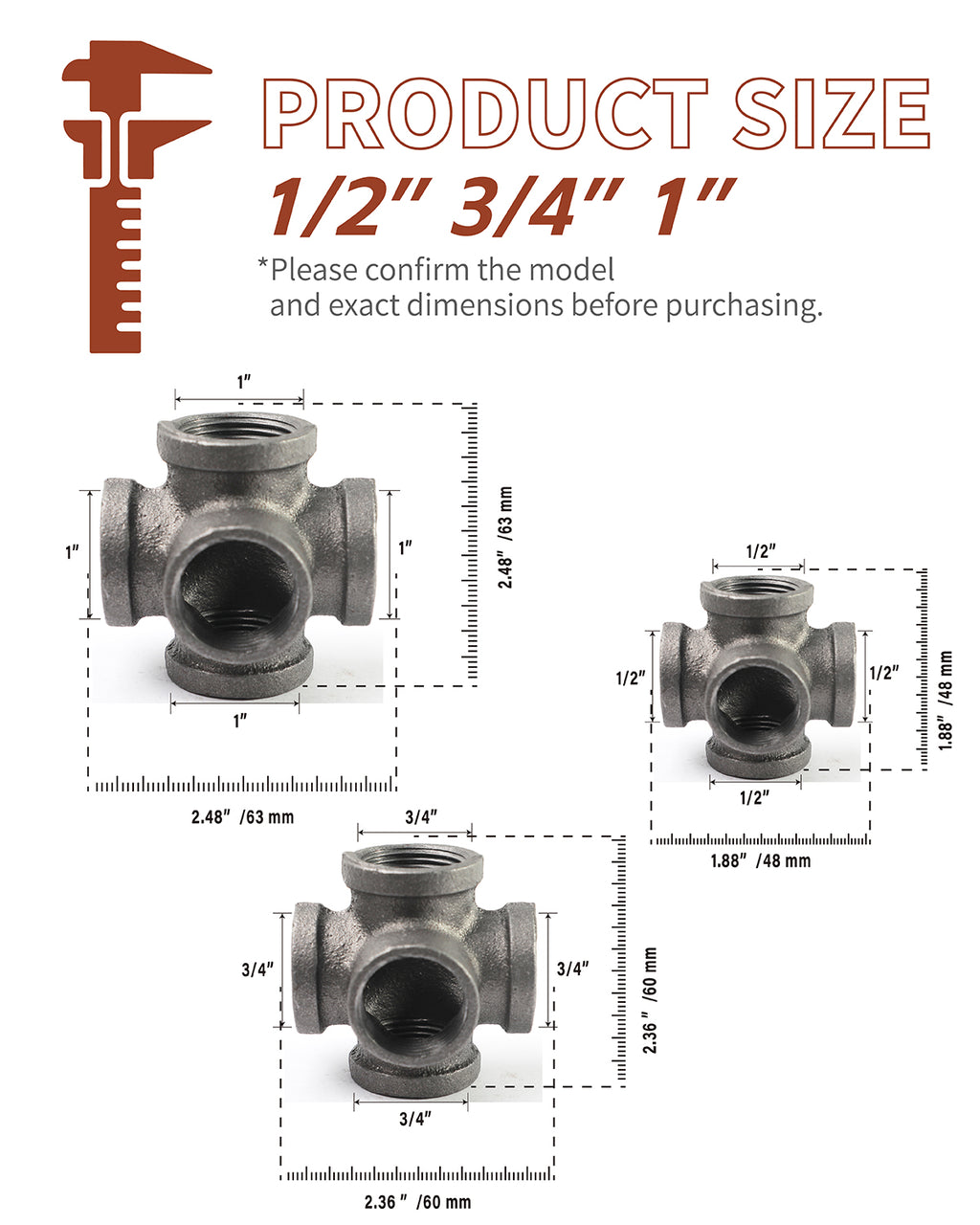 AGUTEA Black 5-way Side Exit Cross,Cast Iron Pipe Fitting Cast Iron Angle Pipe Fitting for Vintage Style DIY Projects/Furniture/Shelves (Pack of 1)