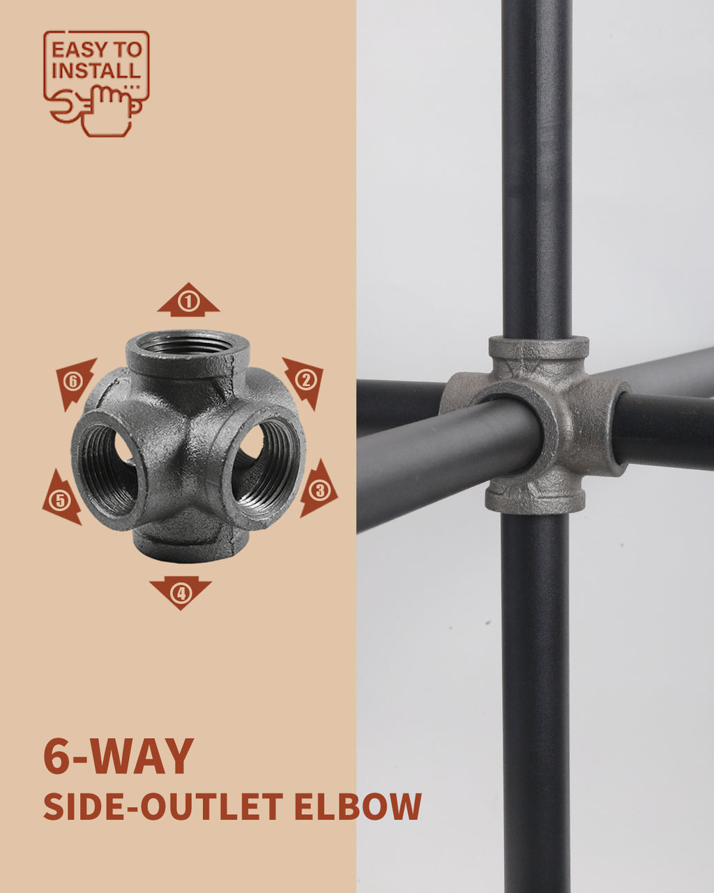AGUTEA Black 6-Way Side Exit Cross, Cast Iron Pipe Fitting Cast Iron Angle Pipe Fitting for Vintage Style DIY Projects/Furniture/Shelves